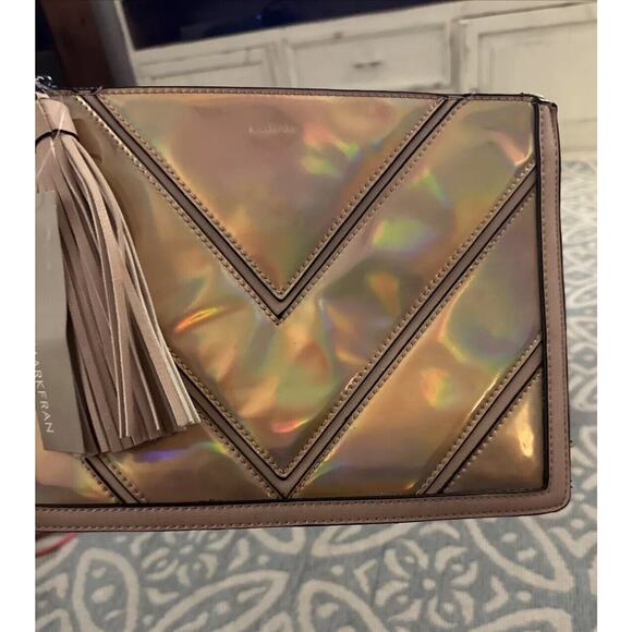 Mark Fran Faux Leather Clutch Bag Pink Iridescent Chevron Zip Tassel Bag Purse - Picture 10 of 16